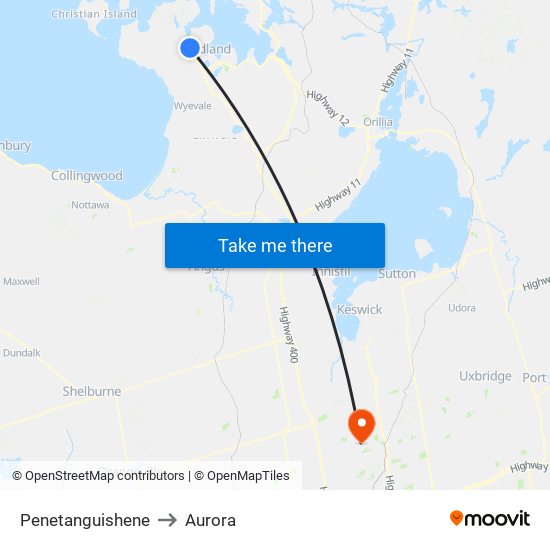 Penetanguishene to Aurora map