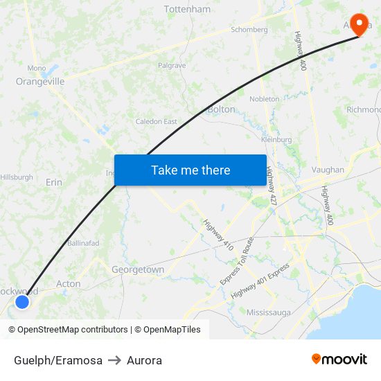 Guelph/Eramosa to Aurora map