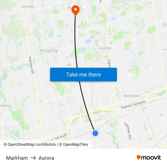 Markham to Aurora map