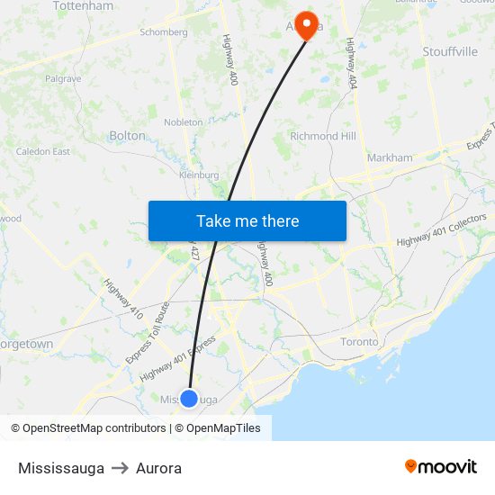 Mississauga to Aurora map