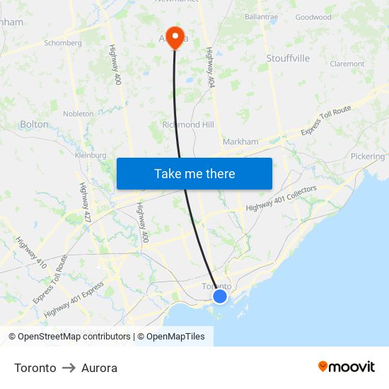 Toronto to Aurora map