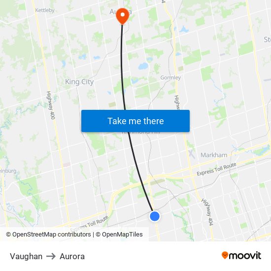 Vaughan to Aurora map