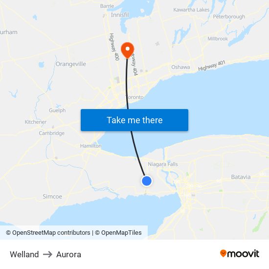 Welland to Aurora map