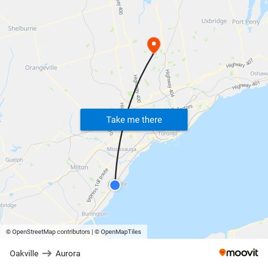 Oakville to Aurora map