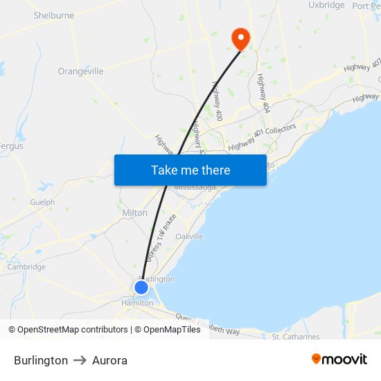 Burlington to Aurora map