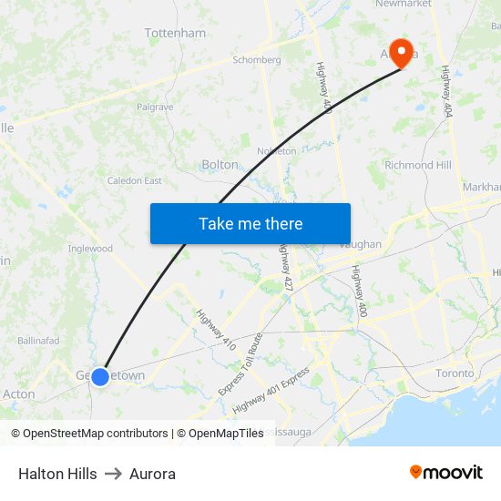 Halton Hills to Aurora map