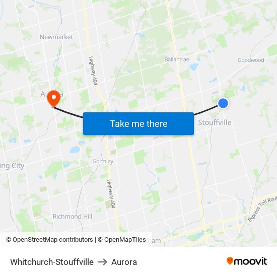 Whitchurch-Stouffville to Aurora map