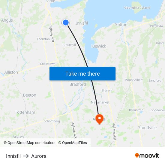Innisfil to Aurora map