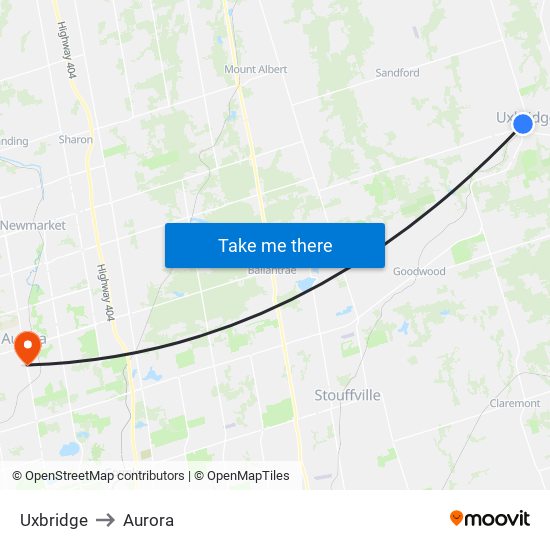 Uxbridge to Aurora map