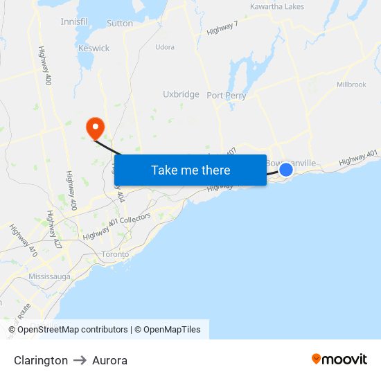 Clarington to Aurora map