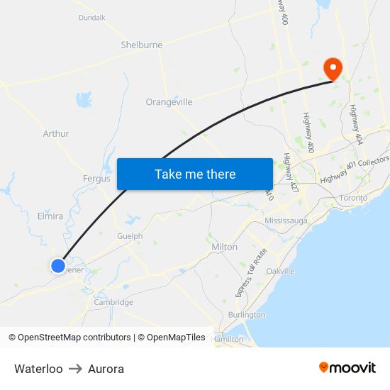 Waterloo to Aurora map