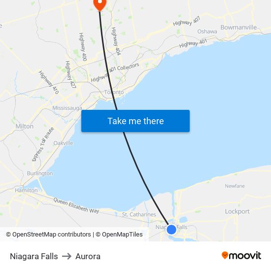 Niagara Falls to Aurora map