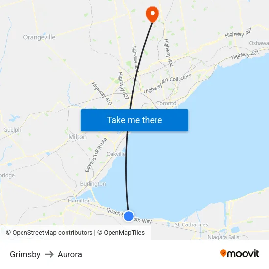 Grimsby to Aurora map