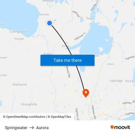 Springwater to Aurora map