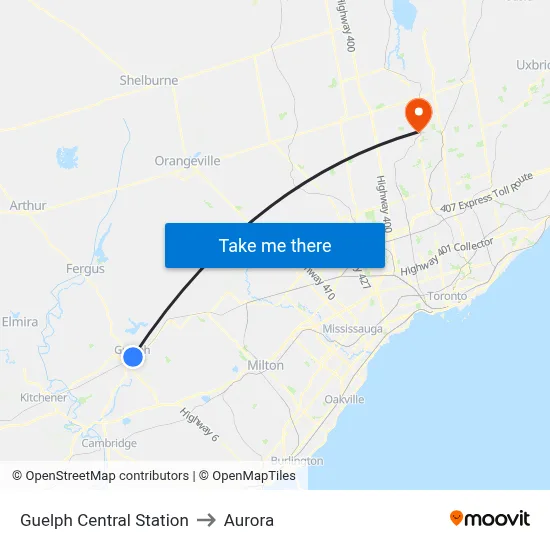 Guelph Central Station to Aurora map