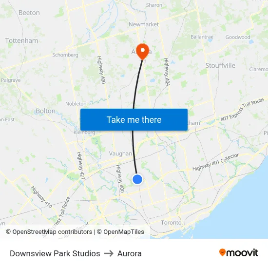 Downsview Park Studios to Aurora map