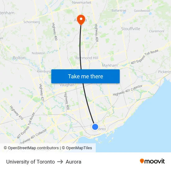 University of Toronto to Aurora map