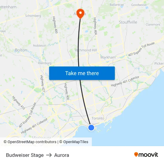 Budweiser Stage to Aurora map