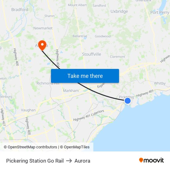 Pickering Station Go Rail to Aurora map