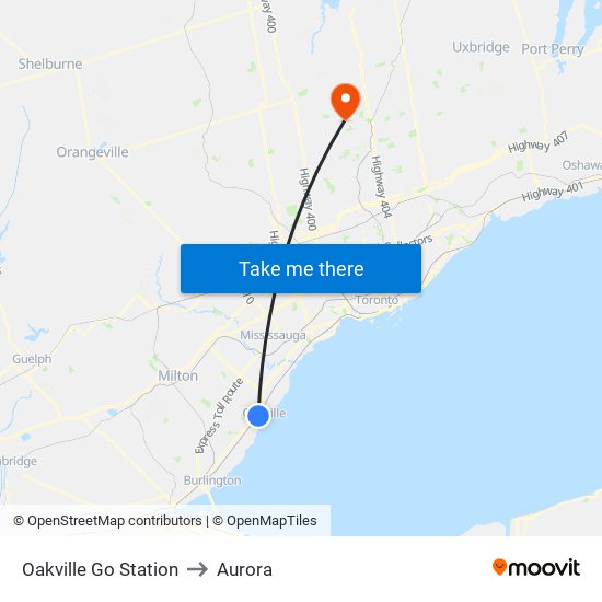 Oakville Go Station to Aurora map