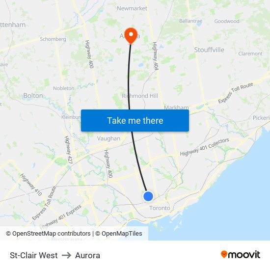 St-Clair West to Aurora map