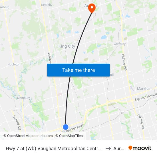 Hwy 7 at (Wb) Vaughan Metropolitan Centre Station to Aurora map