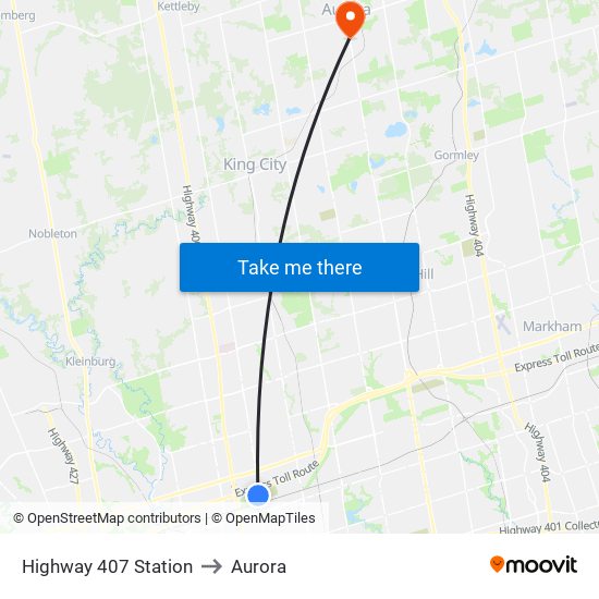 Highway 407 Station to Aurora map