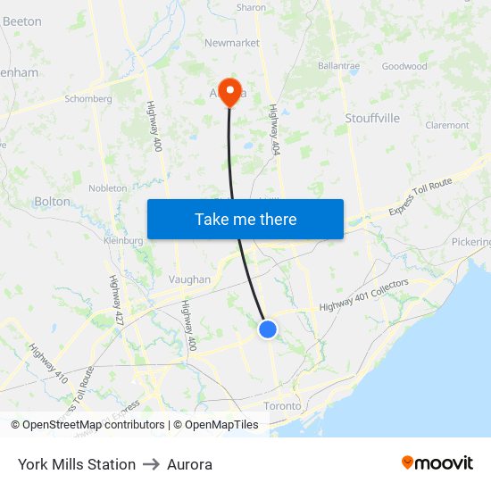 York Mills Station to Aurora map