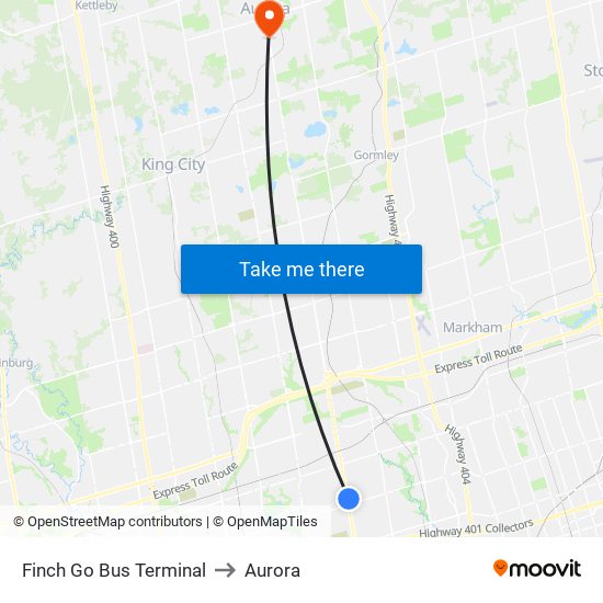 Finch Go Bus Terminal to Aurora map