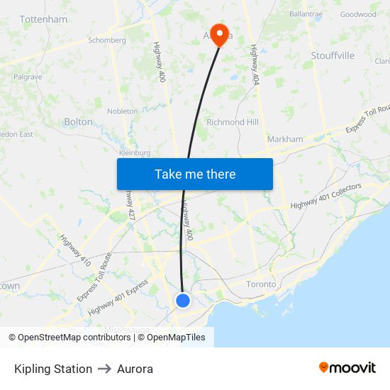 Kipling Station to Aurora map