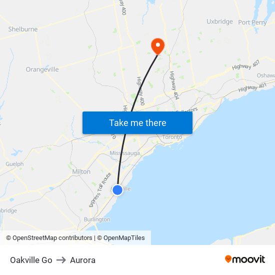 Oakville Go to Aurora map