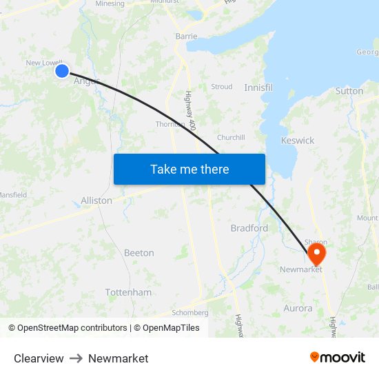 Clearview to Newmarket map