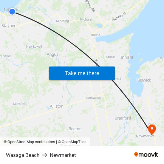 Wasaga Beach to Newmarket map