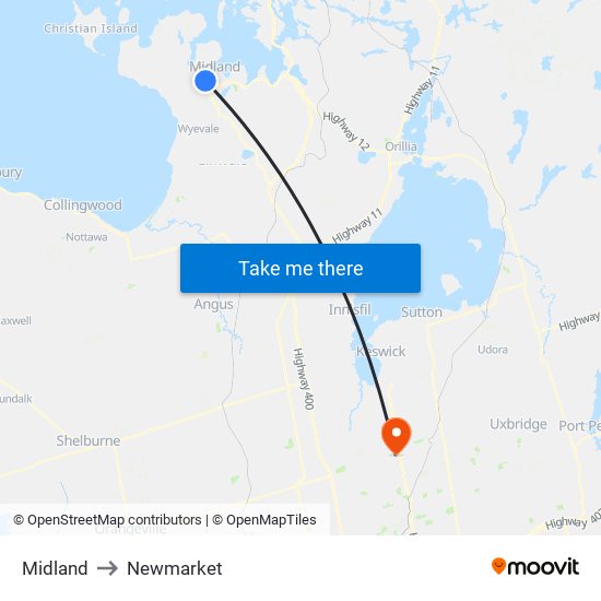 Midland to Newmarket map