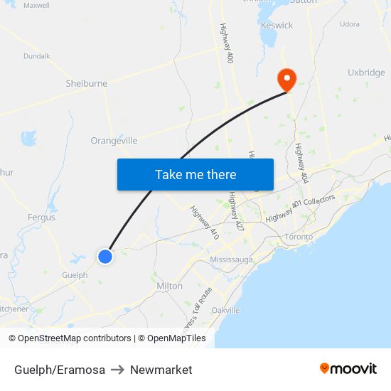 Guelph/Eramosa to Newmarket map