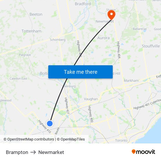 Brampton to Newmarket map
