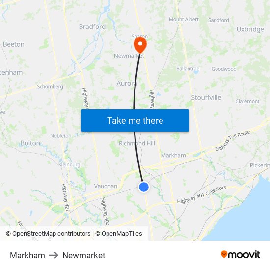 Markham to Newmarket map