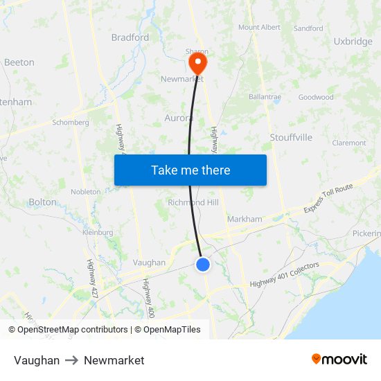 Vaughan to Newmarket map