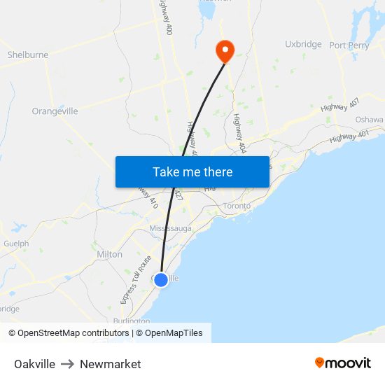 Oakville to Newmarket map