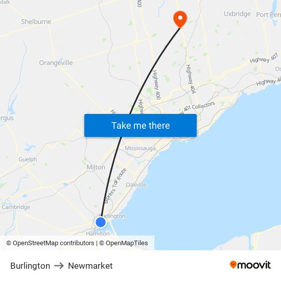 Burlington to Newmarket map