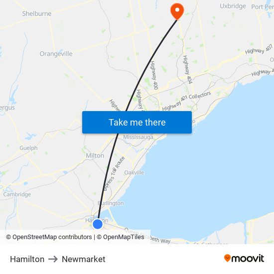 Hamilton to Newmarket map