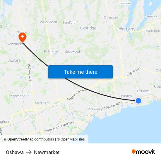 Oshawa to Newmarket map