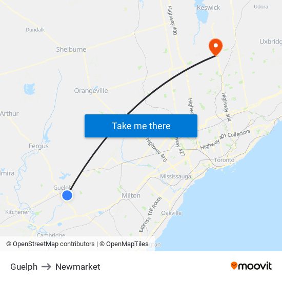 Guelph to Newmarket map