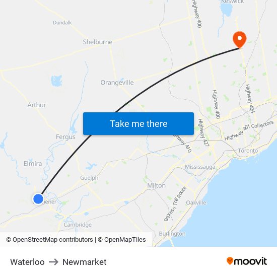 Waterloo to Newmarket map