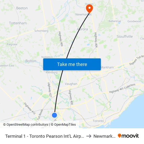 Terminal 1 - Toronto Pearson Int'L Airport to Newmarket map