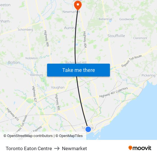 Toronto Eaton Centre to Newmarket map