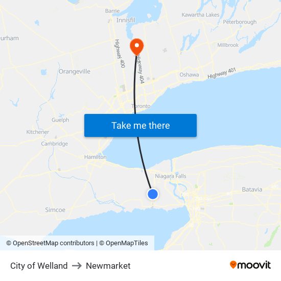 City of Welland to Newmarket map