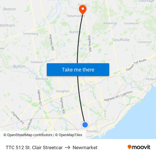 TTC 512 St. Clair Streetcar to Newmarket map