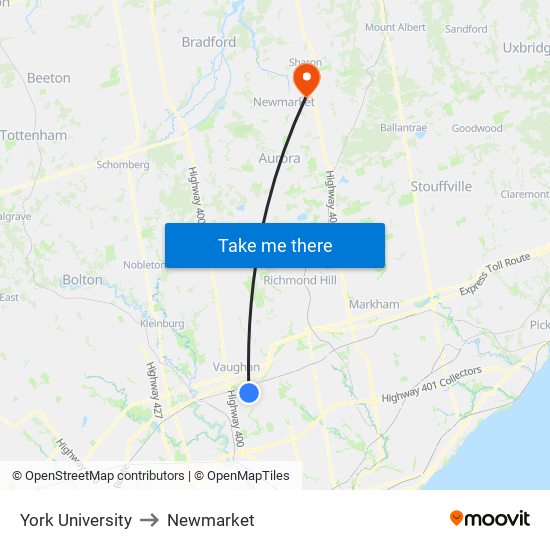 York University to Newmarket map