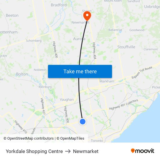Yorkdale Shopping Centre to Newmarket map